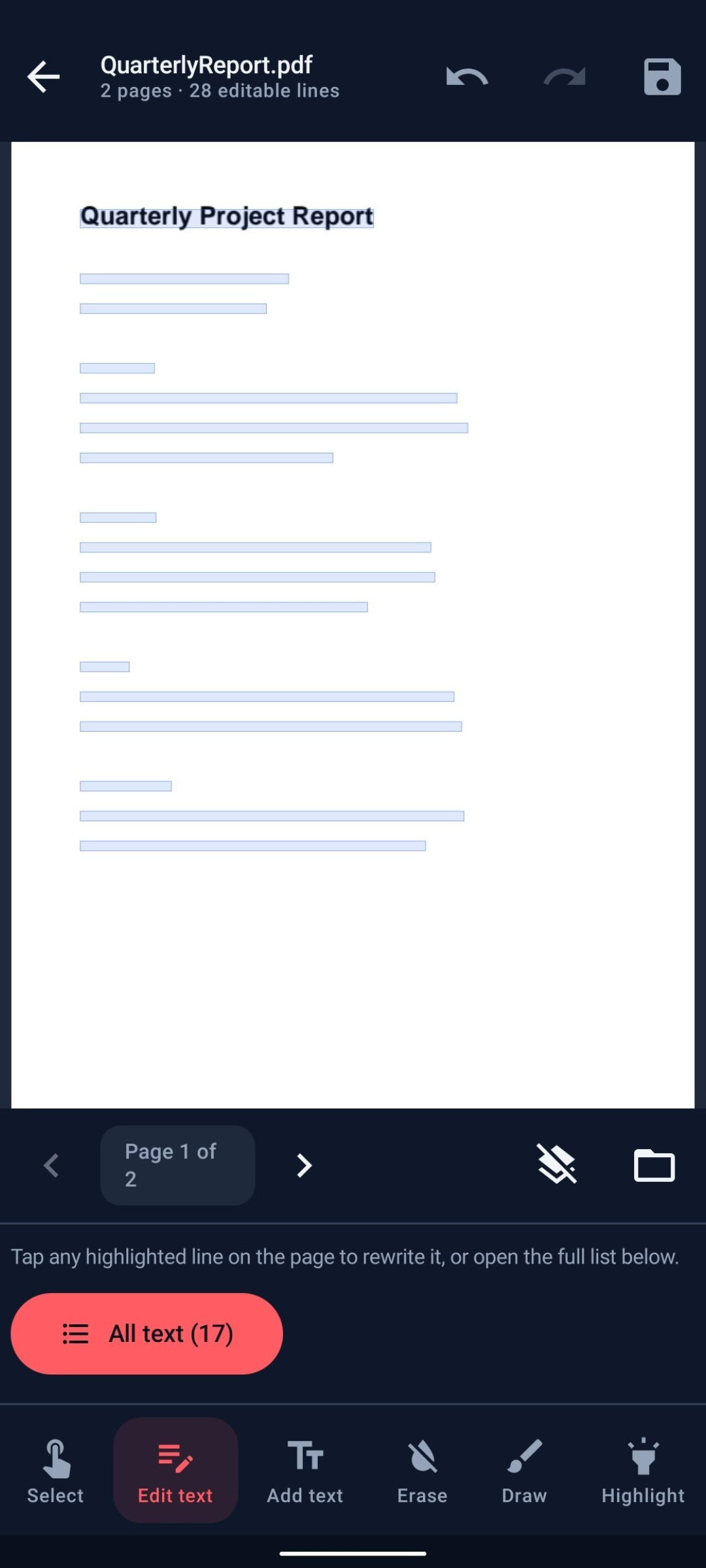 The editor open on QuarterlyReport.pdf, labelled 2 pages and 28 editable lines, with every editable line of the page outlined for tapping, and a toolbar of Select, Edit text, Add text, Erase, Draw and Highlight.