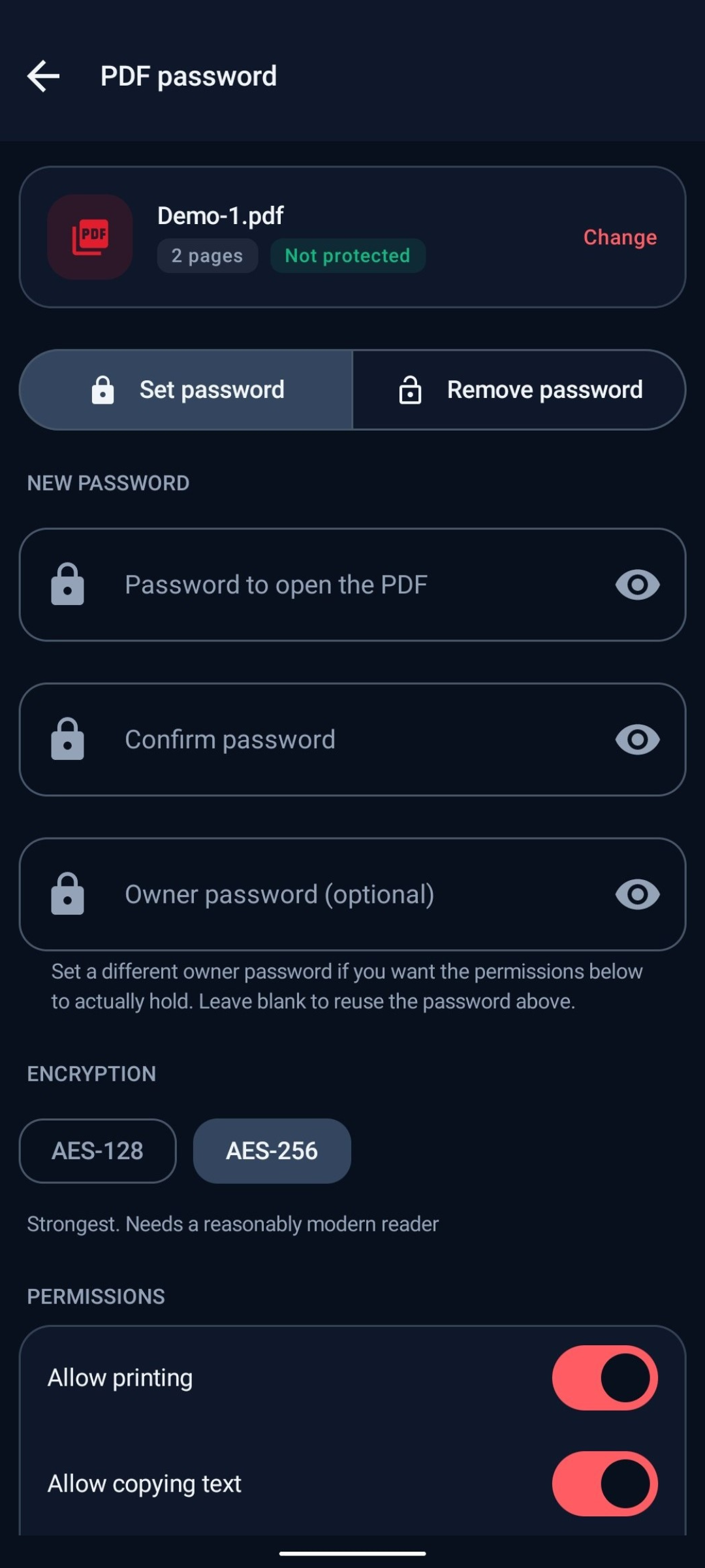 The PDF password screen with Set password and Remove password tabs, fields for the open password, a confirmation and an optional owner password, AES-256 chosen over AES-128, and switches allowing printing and copying text.