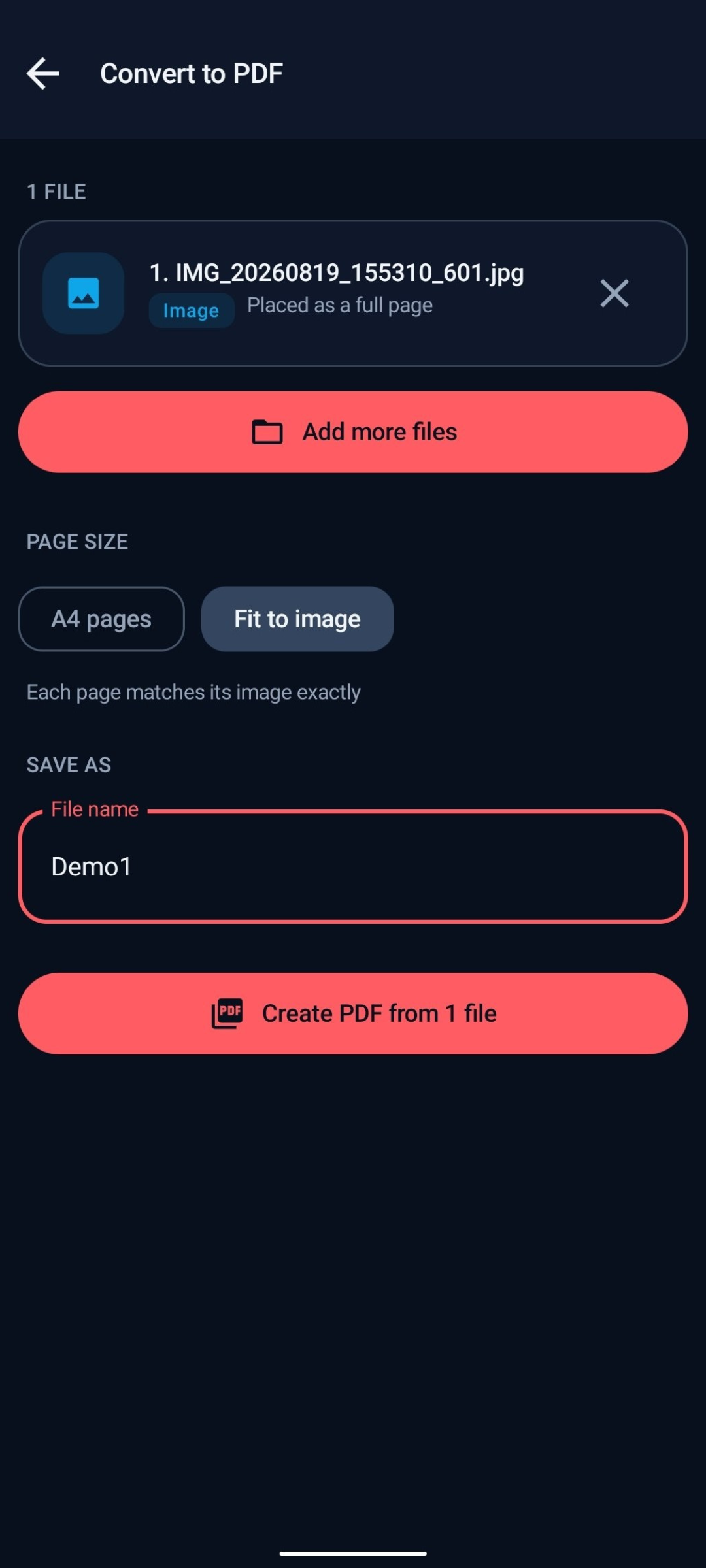 The Convert to PDF screen with one JPEG queued and marked &ldquo;Placed as a full page&rdquo;, an Add more files button, page size set to Fit to image instead of A4, and a Create PDF from 1 file button.