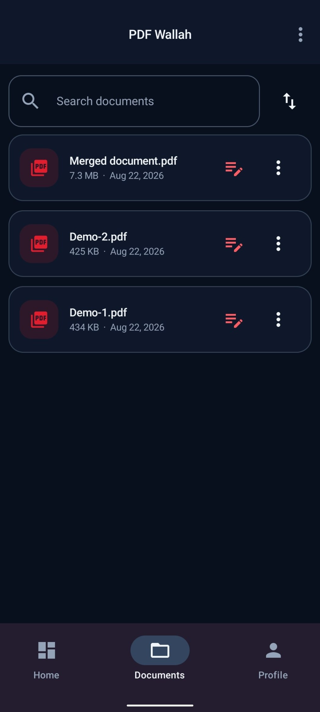 The Documents tab with a search field and a sort control, listing Merged document.pdf at 7.3 MB, Demo-2.pdf at 425 KB and Demo-1.pdf at 434 KB, each row showing the date it was created.