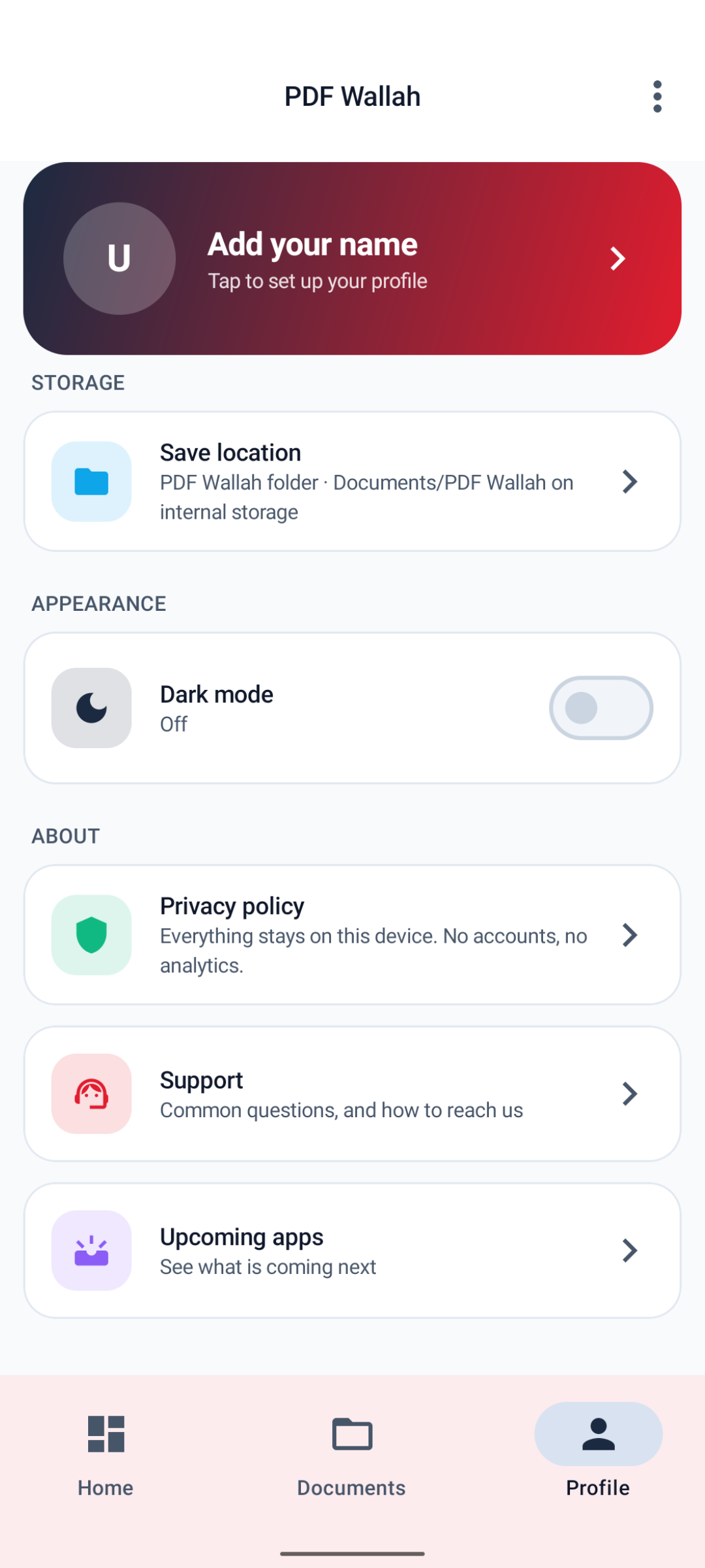 The Profile screen showing the save location as the PDF Wallah folder in Documents on internal storage, a dark mode switch currently off, and links to the privacy policy, support and upcoming apps.